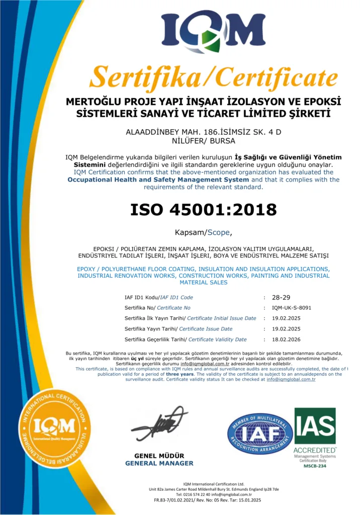 Mertoğlu Yapı ISO 45001:2018 iş sağlığı ve güvenliği yönetim sistemi sertifikası